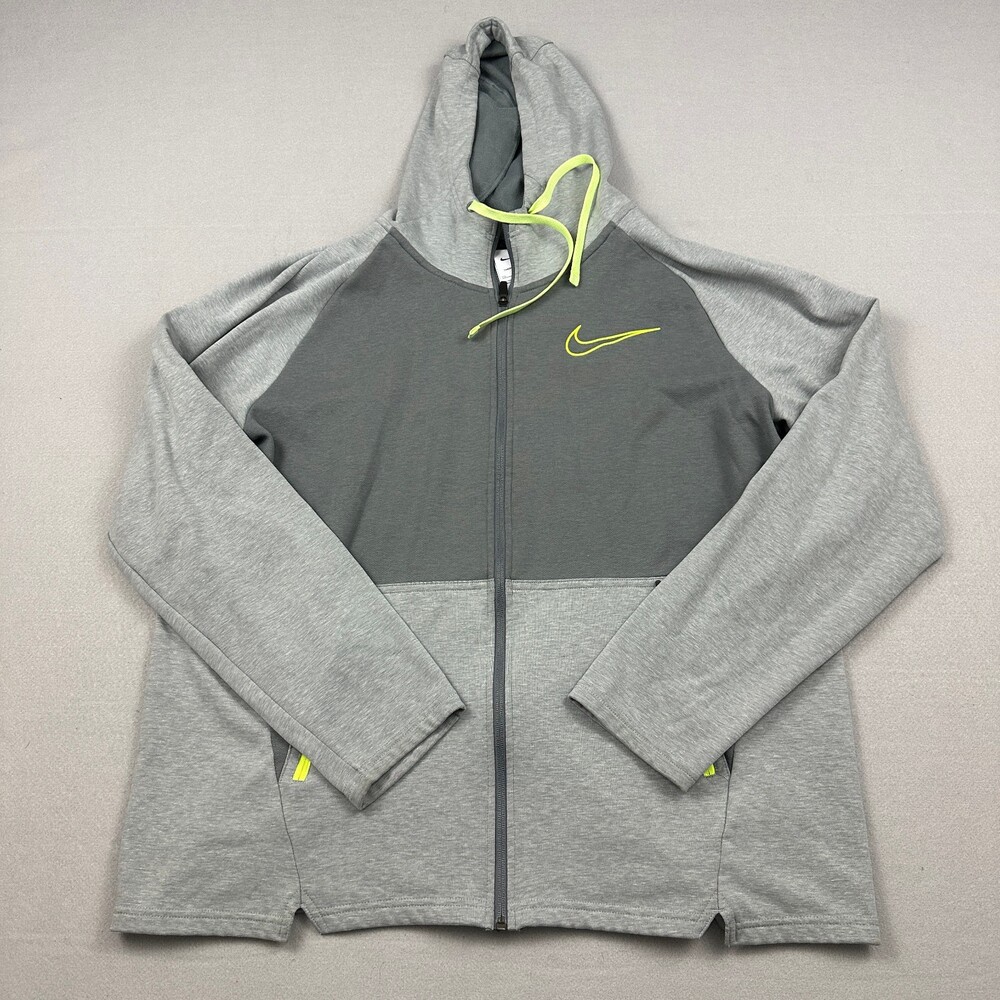 Nike Hoodie Men 2XL Gray Heather Full Zip Therma Fit Sweatshirt Neon Trim XXL *